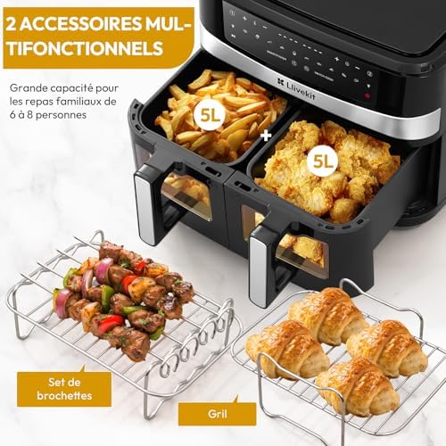 Llivekit Air Fryer Double Cavité Friteuse sans Huile 12-en-1 10L