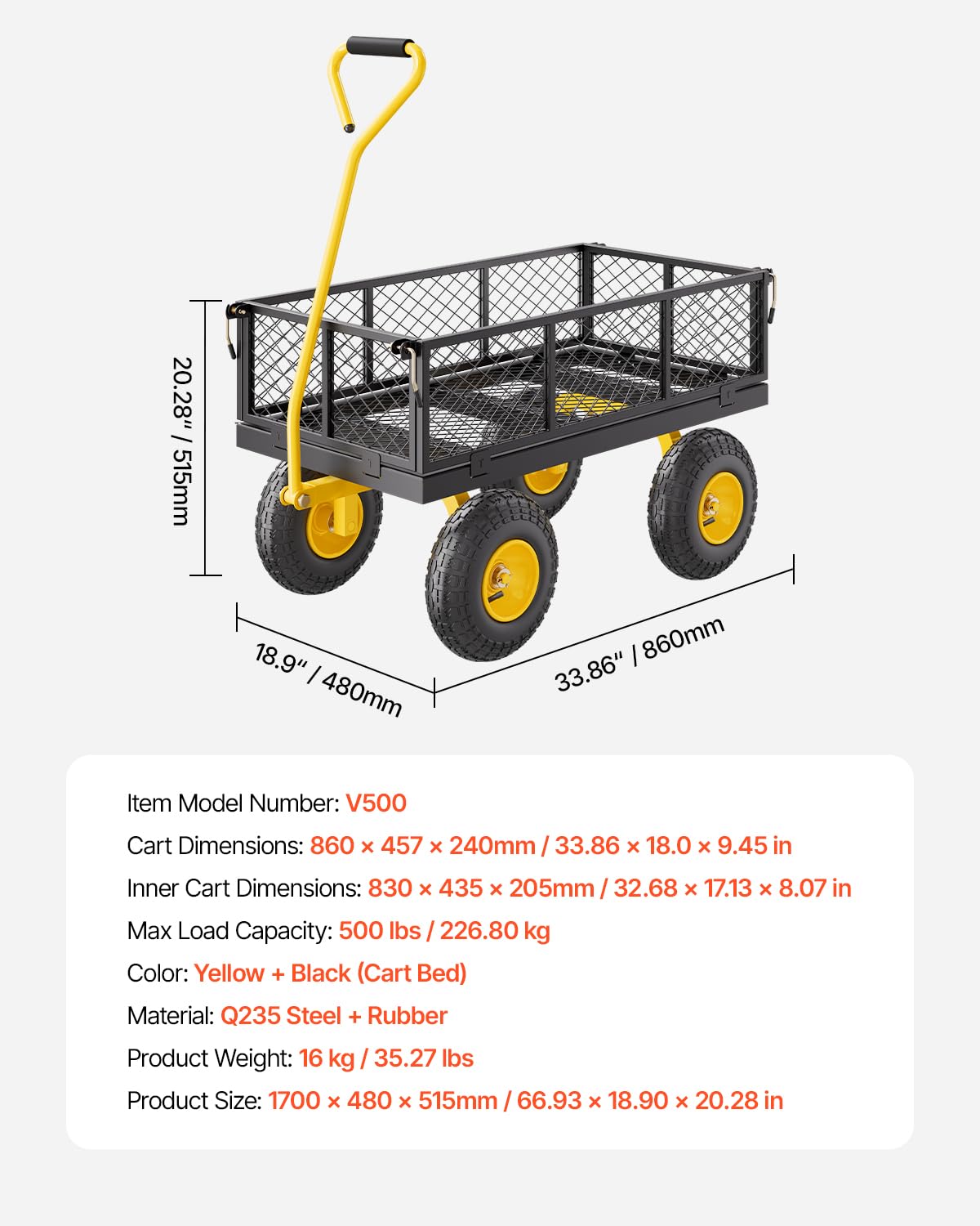 VEVOR Chariot de Jardin Remorque Métallique Tractable Maille Amovible 226 kg