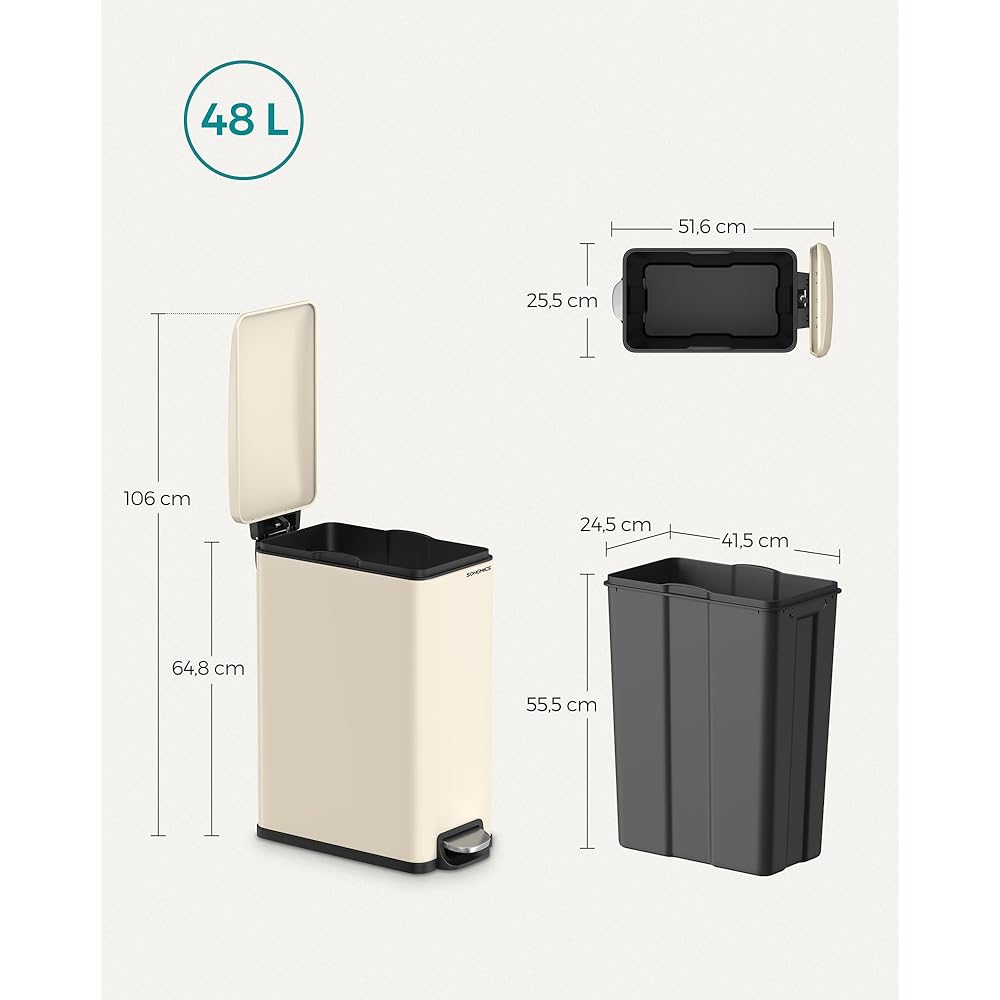 Songmics Poubelle de Cuisine à Pédale 48 L Fine avec Seau Intérieur Beige