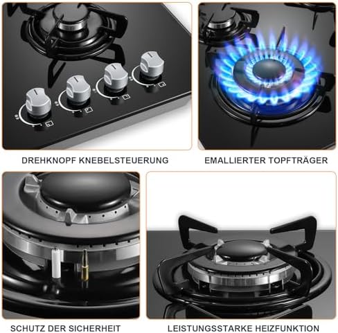 TopStrong Plaque de Cuisson Gaz 4 Feux Encastrable Verre Noir 60cm