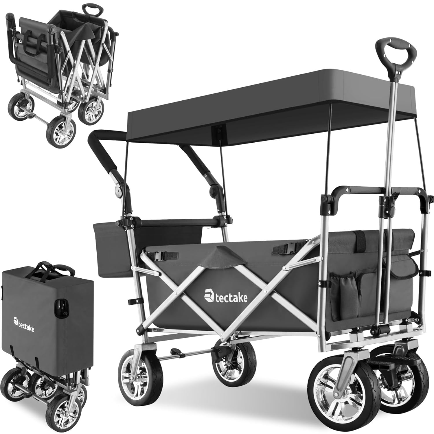 tectake Chariot de Transport Pliable de Jardin avec Toit Amovible Gris