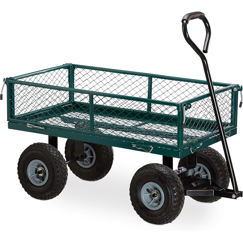 Relaxdays Chariot à Main de Jardin Remorque à Ridelles Pliables Vert 150 kg