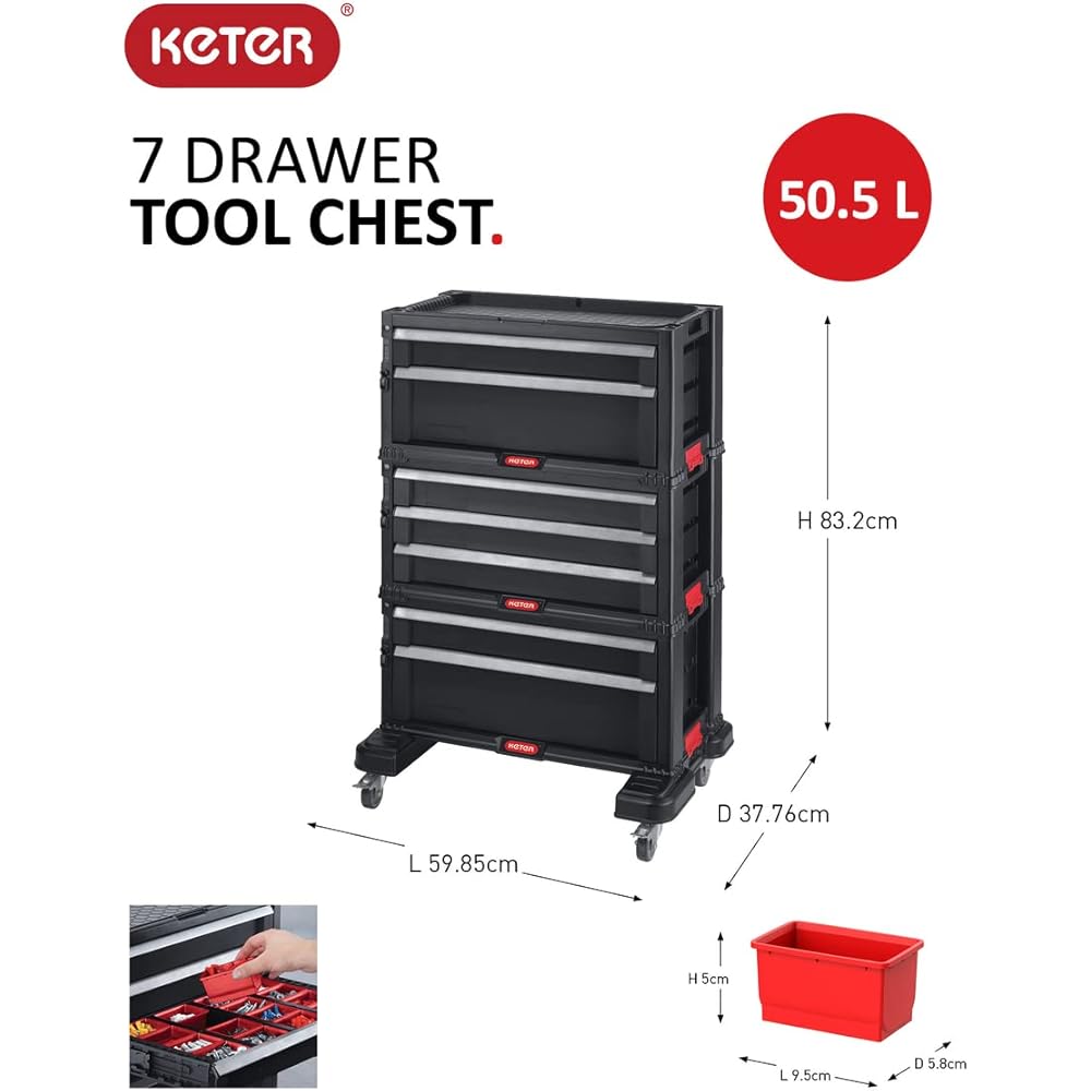 Keter Module Servante d'Atelier 7 Tiroirs Amovibles pour Outils Noir
