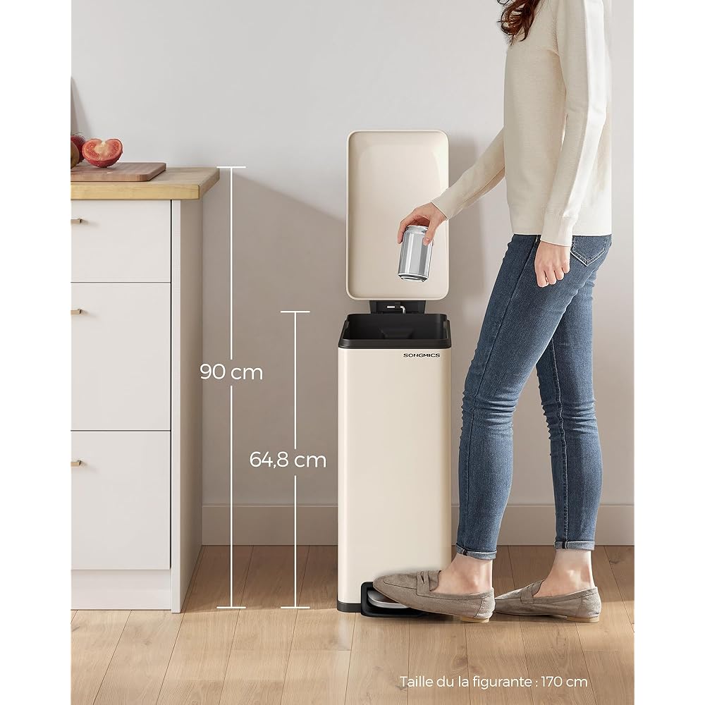 Songmics Poubelle de Cuisine à Pédale 48 L Fine avec Seau Intérieur Beige