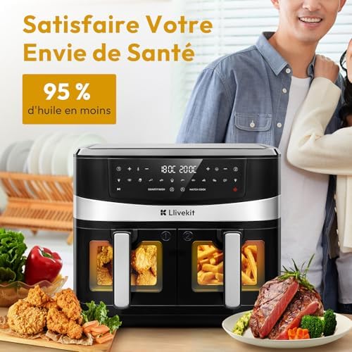 Llivekit Air Fryer Double Cavité Friteuse sans Huile 12-en-1 10L