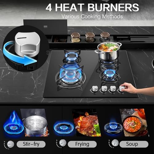 TopStrong Plaque de Cuisson Gaz 4 Feux Encastrable Verre Noir 60cm