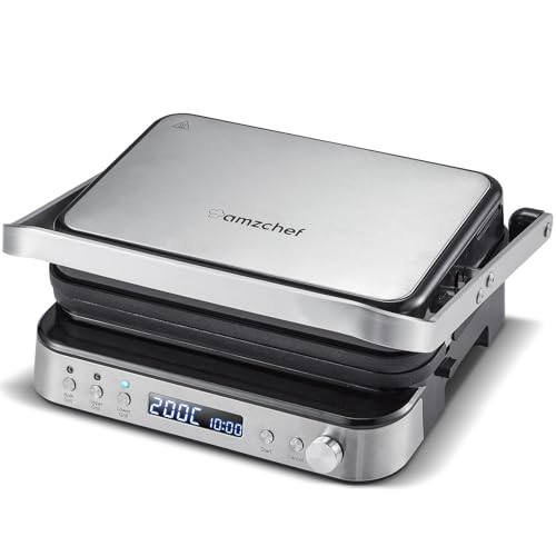 Amzchef Gril de Contact Multifonctionnel 4-en-1 Argenté 2000W