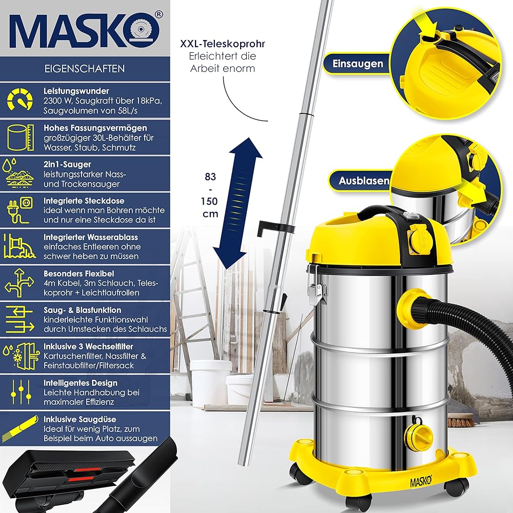 Masko Aspirateur Industriel Eau et Poussière en Acier Inoxydable 2300W