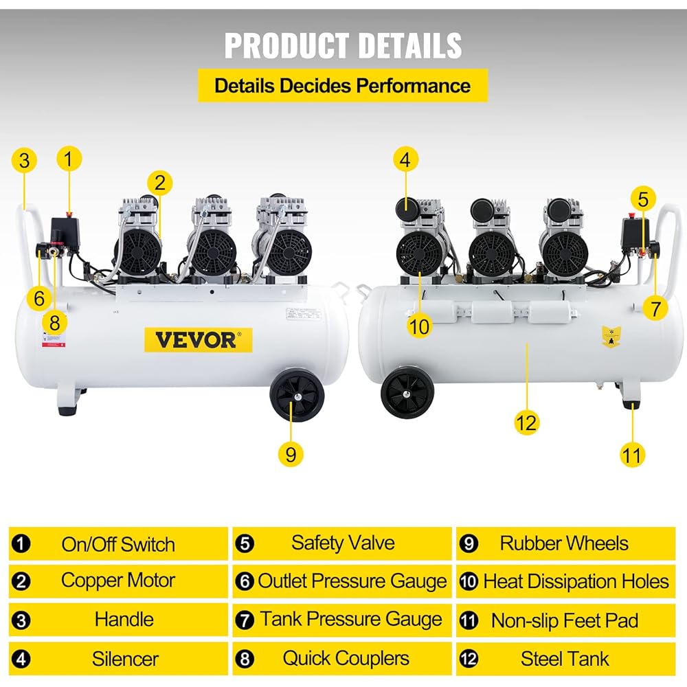 VEVOR Compresseur d'Air sans Huile Silencieux d'Atelier 100 L 2,2 kW