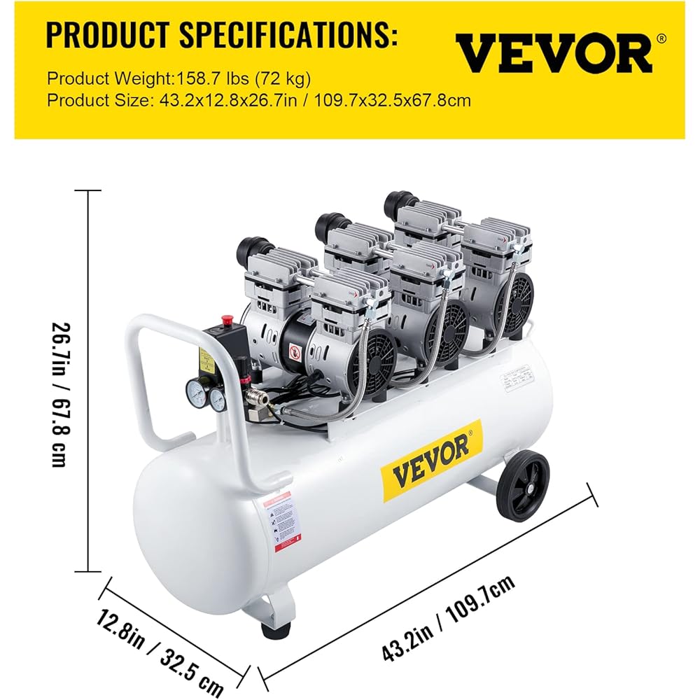 VEVOR Compresseur d'Air sans Huile Silencieux d'Atelier 100 L 2,2 kW