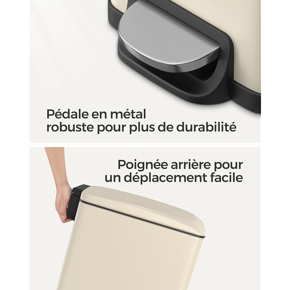 Songmics Poubelle de Cuisine à Pédale 48 L Fine avec Seau Intérieur Beige