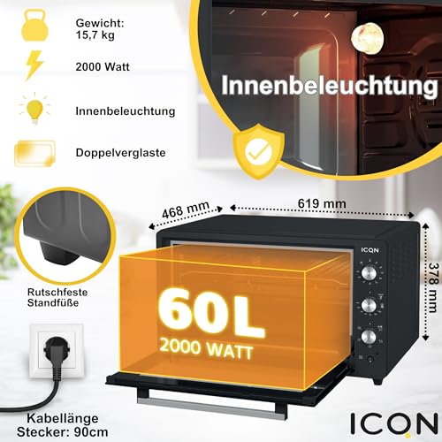 ICQN Mini Four Électrique Anthracite Noir Très Grande Capacité 60L