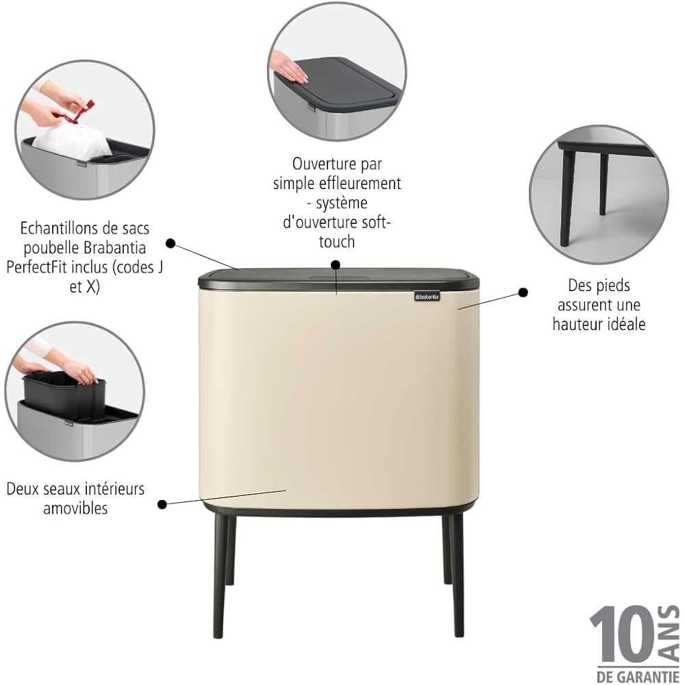 Brabantia Bo Touch Bin Poubelle de Recyclage Double 23 plus 11 L Beige