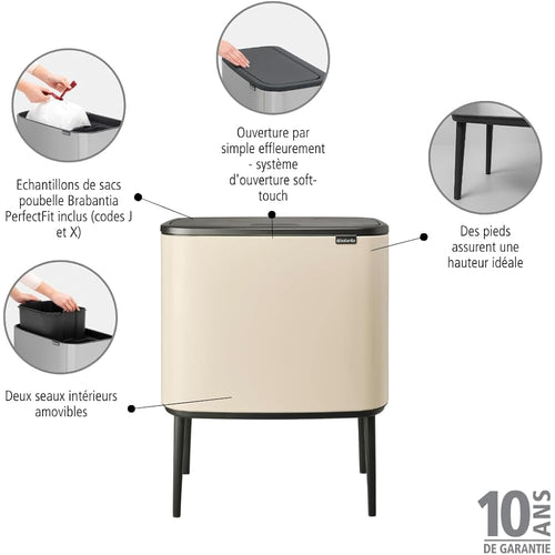 Brabantia Bo Touch Bin Poubelle de Recyclage Double 23 plus 11 L Beige